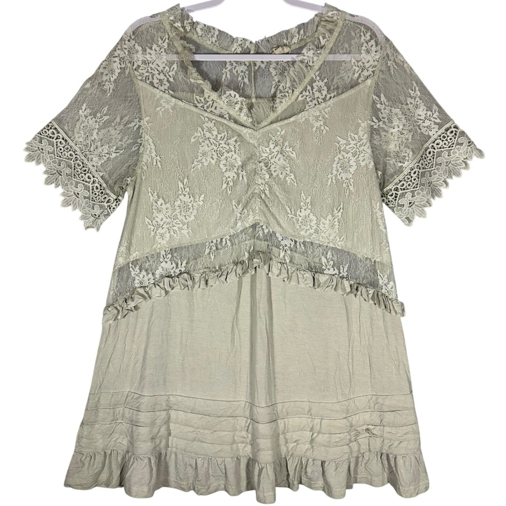 POLโ Lace Babydoll Tunic Top Sz M Muted Sage Green Boho Soft-Girl Coquette Artsy
